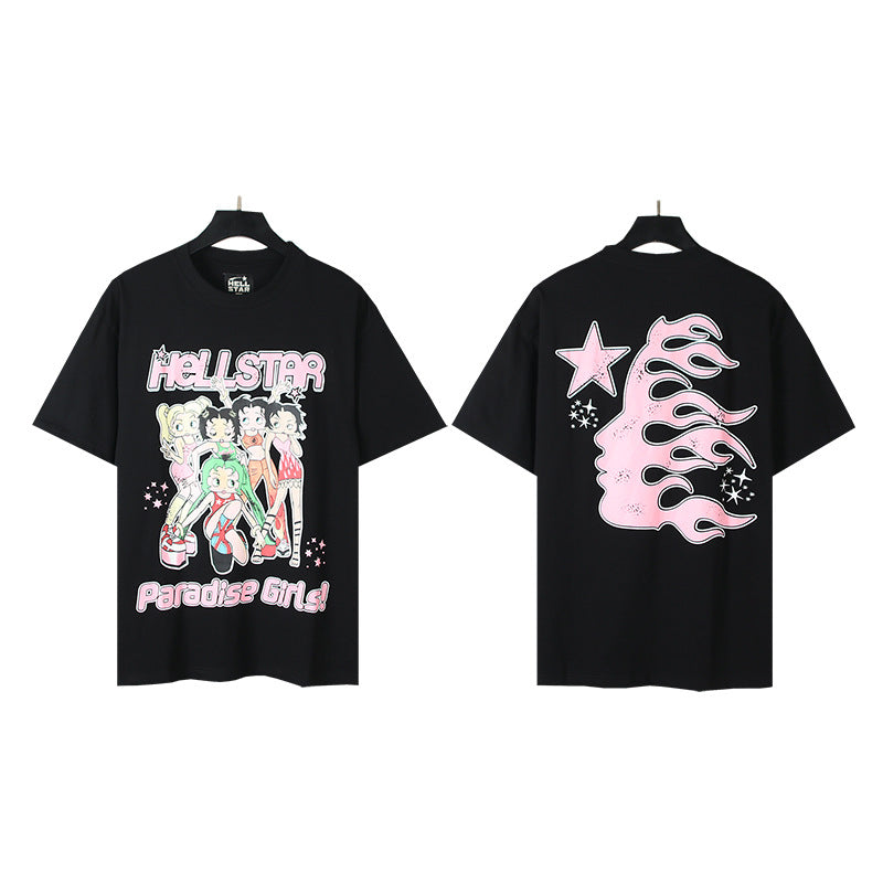 HS6008-1 High Street Hellstar Retro 100% Cotton Loose Short Sleeve T-shirt for Men and Women