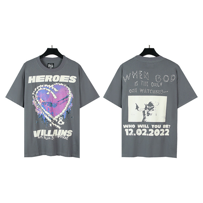 HS6008-1 High Street Hellstar Retro 100% Cotton Loose Short Sleeve T-shirt for Men and Women