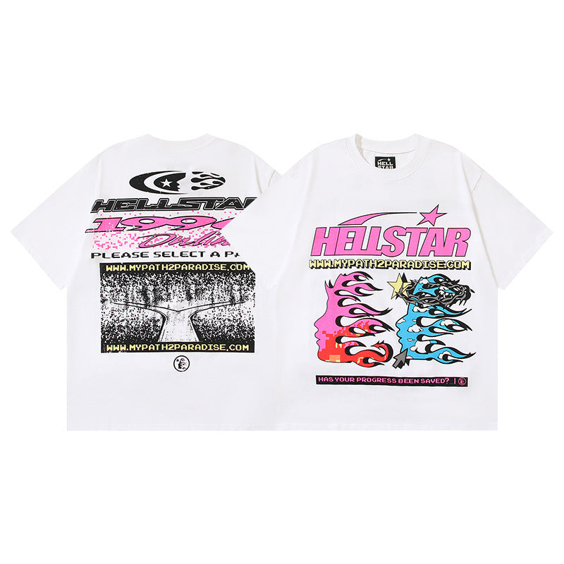 HS6008-1 High Street Hellstar Retro 100% Cotton Loose Short Sleeve T-shirt for Men and Women