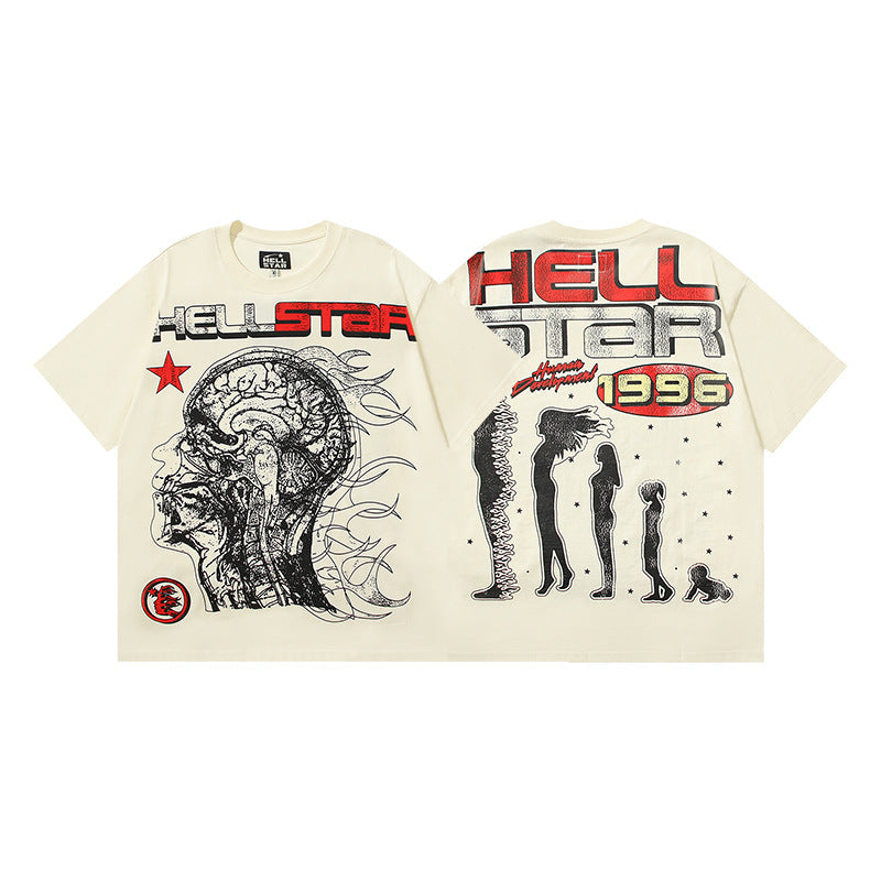 HS6008-1 High Street Hellstar Retro 100% Cotton Loose Short Sleeve T-shirt for Men and Women