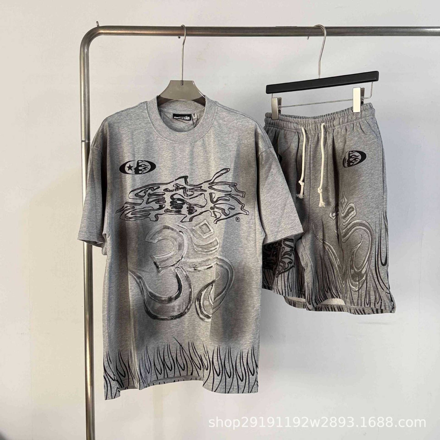 HS8008 Hellstar sets Heavy Industry Washed and WornShort-Sleeved T-shirt Sports Shorts Suit