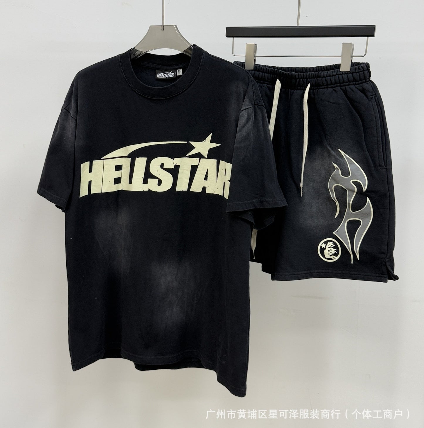 HS8008 Hellstar sets Heavy Industry Washed and WornShort-Sleeved T-shirt Sports Shorts Suit