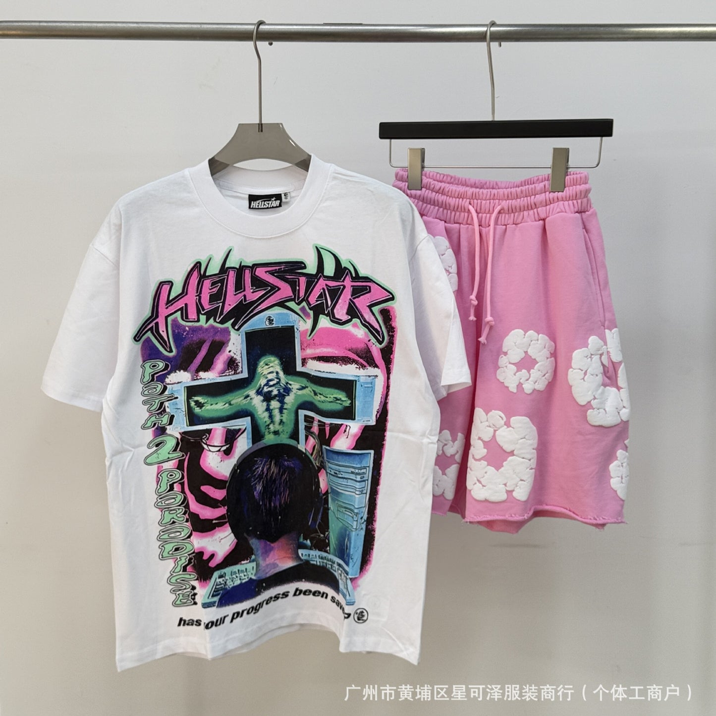 HS8008 Hellstar sets Heavy Industry Washed and WornShort-Sleeved T-shirt Sports Shorts Suit