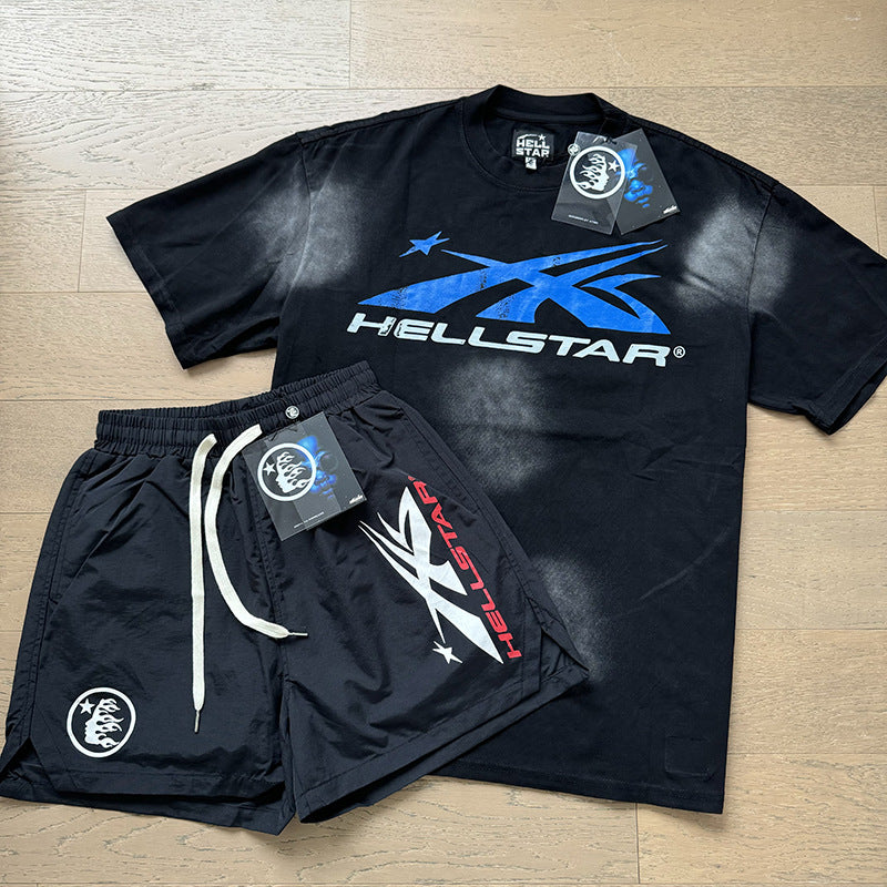HS8008 Hellstar sets Heavy Industry Washed and WornShort-Sleeved T-shirt Sports Shorts Suit