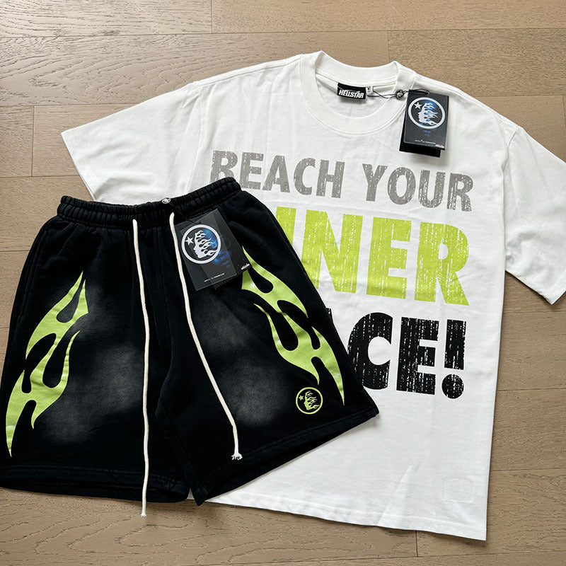 HS8008 Hellstar sets Heavy Industry Washed and WornShort-Sleeved T-shirt Sports Shorts Suit