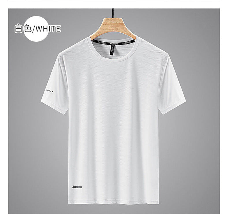 Round Neck Ice Silk Short Sleeve T Men's Summer Running Sports Casual Plus Size Shirt Stretch Breathable Regular Quick-Dry Top