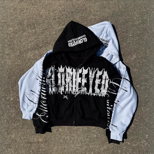 Y2K Baggy Street Full Zip Hoodie 100% Cotton Retro Zip Up Hoodie