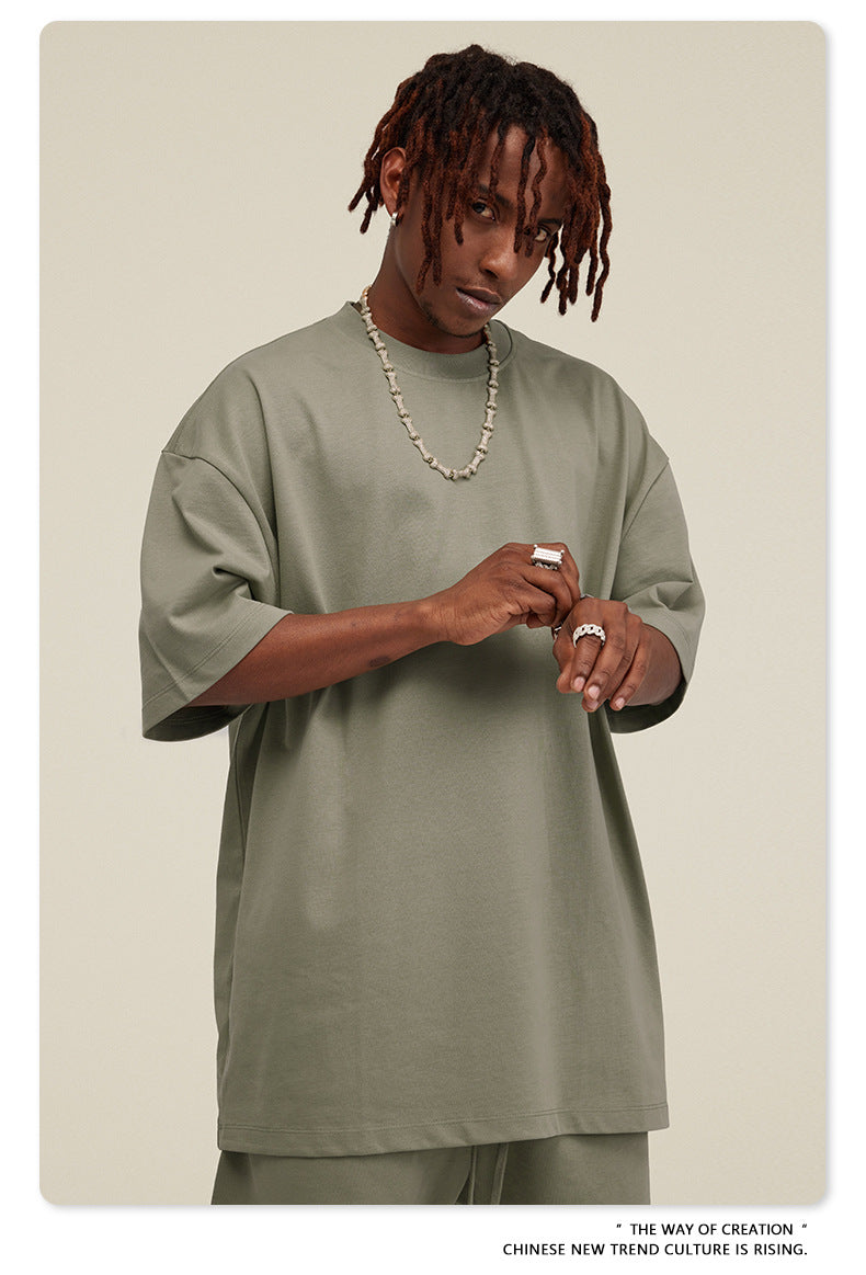 Be Men's 2024 Spring and Summer 305G Heavy T-shirt Men's American Cotton Fashion Brand Solid Color Short Sleeve Teen T-shirt