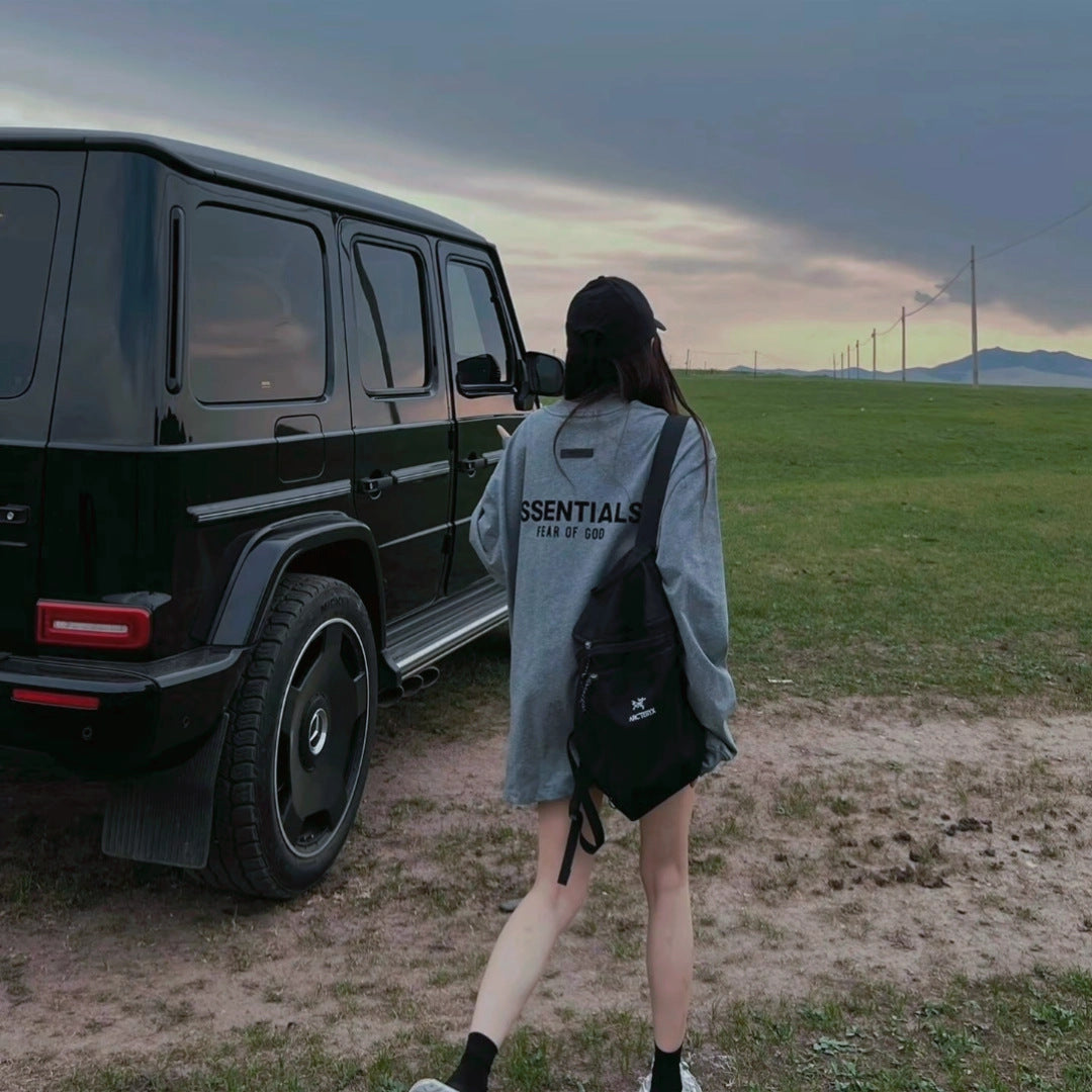 Top Ess** Flocking Letter Crew Neck 100% Cotton Long Sleeve T-shirt Fog Men and Women