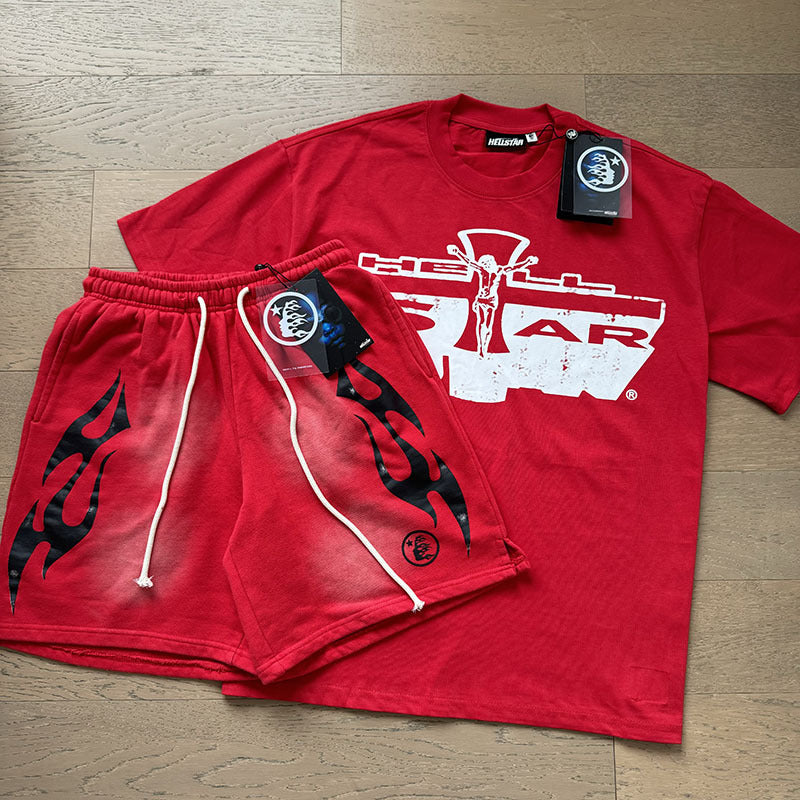 HS8008 Hellstar sets Heavy Industry Washed and WornShort-Sleeved T-shirt Sports Shorts Suit