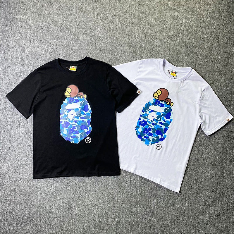 BAPE Short-Sleeved T-shirt Camouflage Monkey Cartoon Printed Cotton
