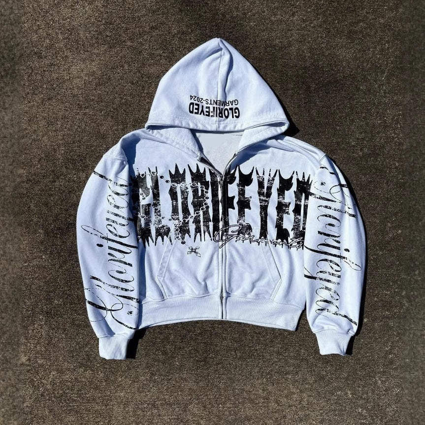 Y2K Baggy Street Full Zip Hoodie 100% Cotton Retro Zip Up Hoodie for Urban Outfit