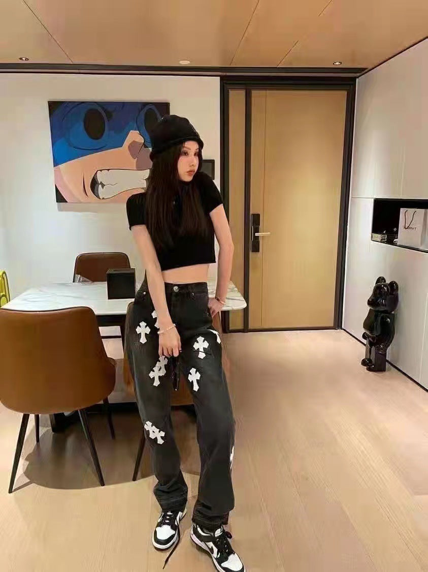 Chrome Hearts Jeans Color Leather Black Washed Jeans