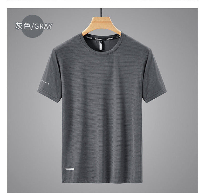 Round Neck Ice Silk Short Sleeve T Men's Summer Running Sports Casual Plus Size Shirt Stretch Breathable Regular Quick-Dry Top