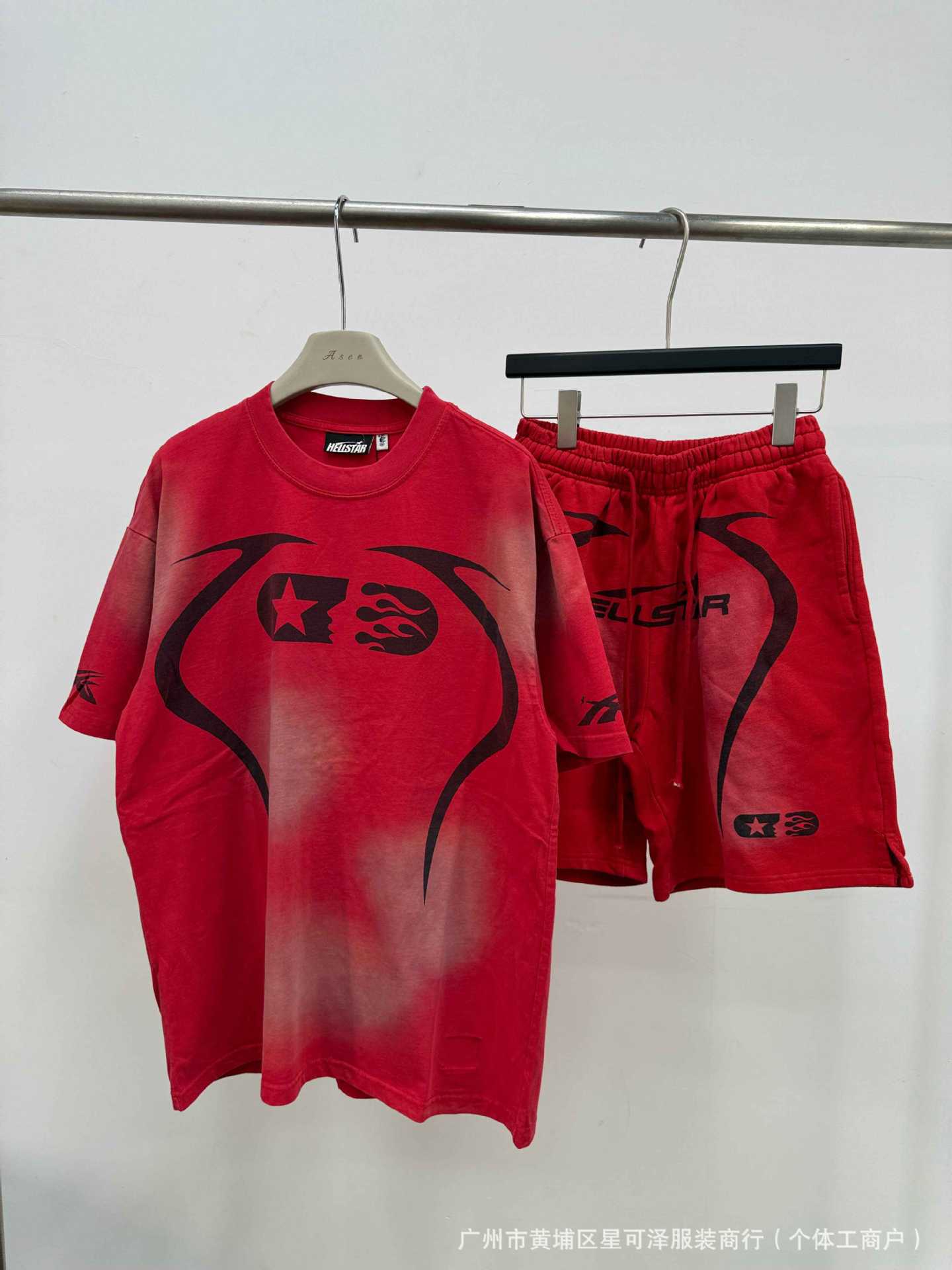 HS8008 Hellstar sets Heavy Industry Washed and WornShort-Sleeved T-shirt Sports Shorts Suit
