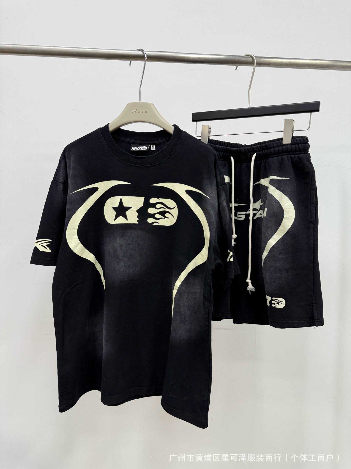 HS8008 Hellstar sets Heavy Industry Washed and WornShort-Sleeved T-shirt Sports Shorts Suit