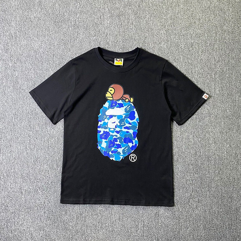 BAPE Short-Sleeved T-shirt Camouflage Monkey Cartoon Printed Cotton