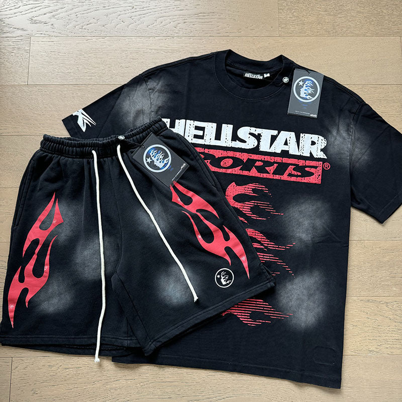 HS8008 Hellstar sets Heavy Industry Washed and WornShort-Sleeved T-shirt Sports Shorts Suit