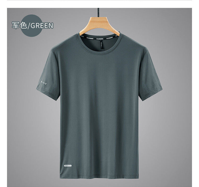 Round Neck Ice Silk Short Sleeve T Men's Summer Running Sports Casual Plus Size Shirt Stretch Breathable Regular Quick-Dry Top