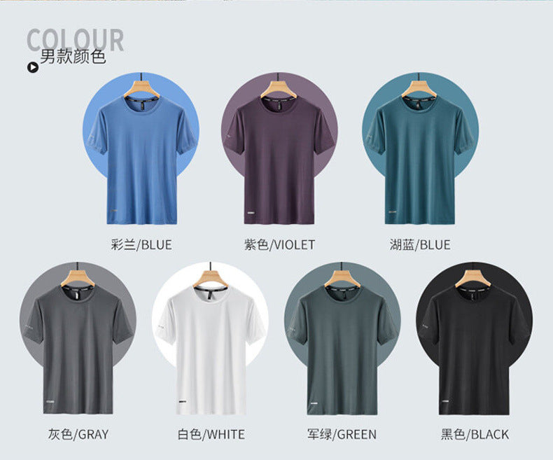 Round Neck Ice Silk Short Sleeve T Men's Summer Running Sports Casual Plus Size Shirt Stretch Breathable Regular Quick-Dry Top