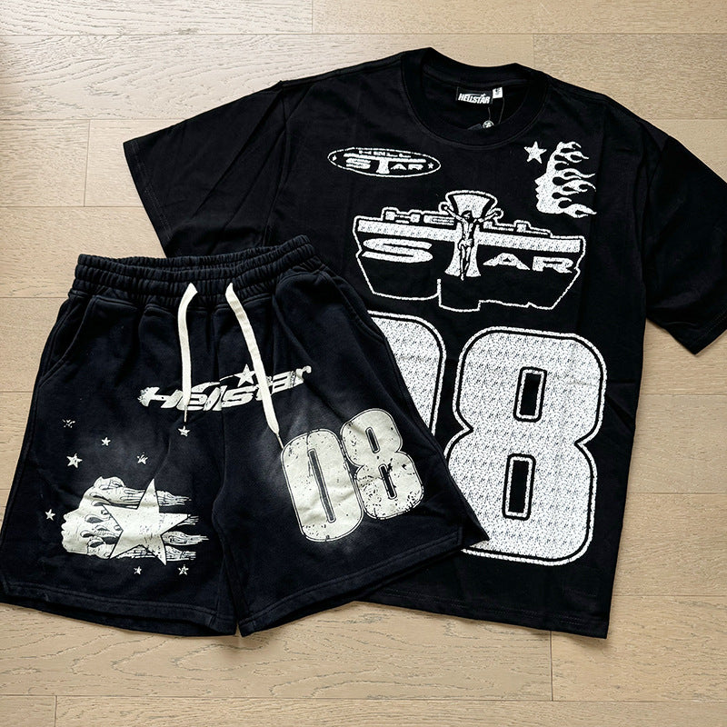 HS8008 Hellstar sets Heavy Industry Washed and WornShort-Sleeved T-shirt Sports Shorts Suit