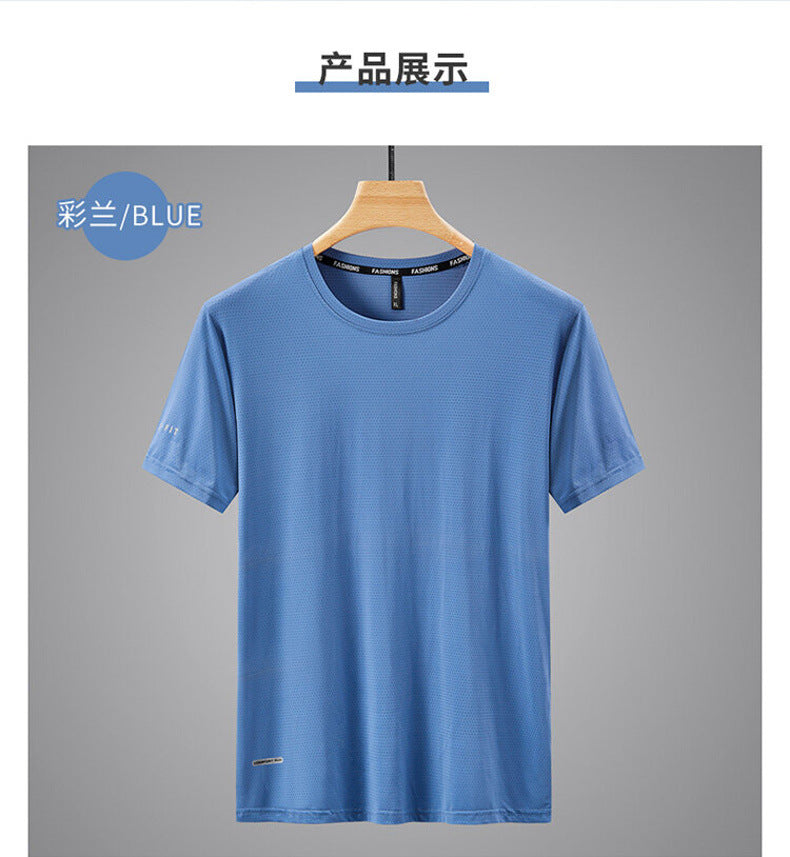 Round Neck Ice Silk Short Sleeve T Men's Summer Running Sports Casual Plus Size Shirt Stretch Breathable Regular Quick-Dry Top