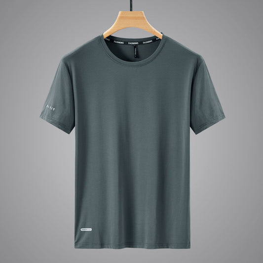 Round Neck Ice Silk Short Sleeve T Men's Summer Running Sports Casual Plus Size Shirt Stretch Breathable Regular Quick-Dry Top