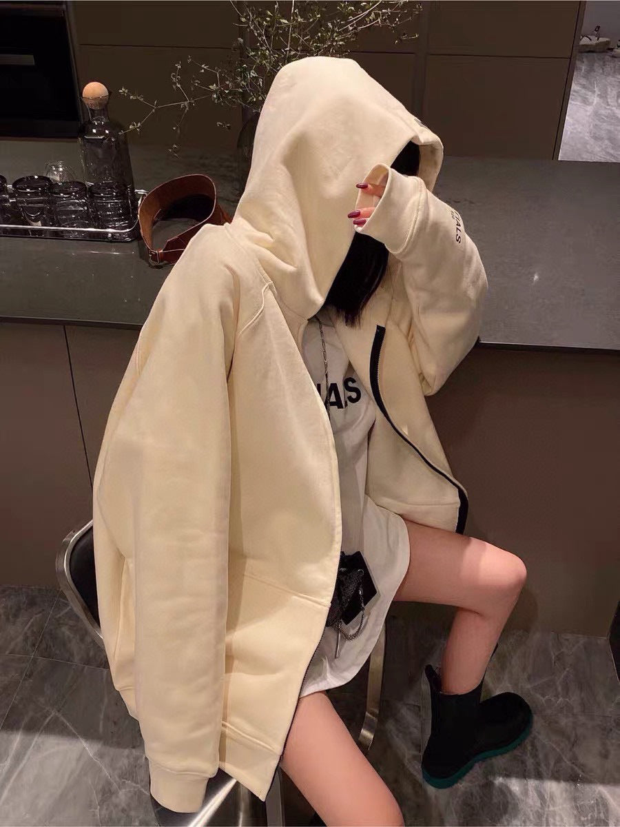 ESS Silicone Letter Zipper Fleece-lined100% Cotton Hooded Sweater