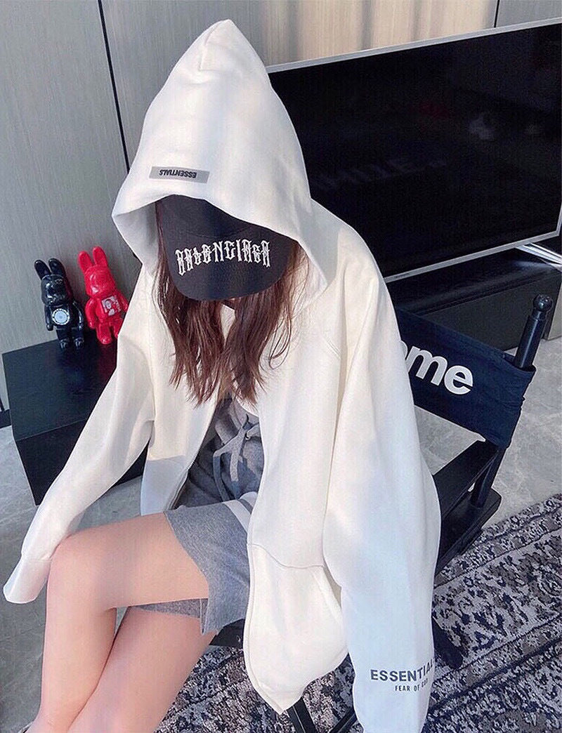 ESS Silicone Letter Zipper Fleece-lined100% Cotton Hooded Sweater