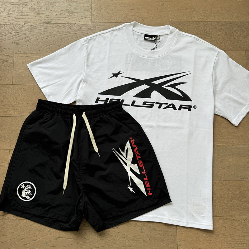 HS8008 Hellstar sets Heavy Industry Washed and WornShort-Sleeved T-shirt Sports Shorts Suit