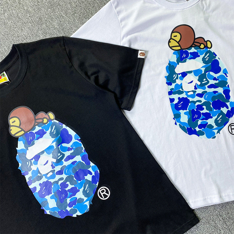BAPE Short-Sleeved T-shirt Camouflage Monkey Cartoon Printed Cotton