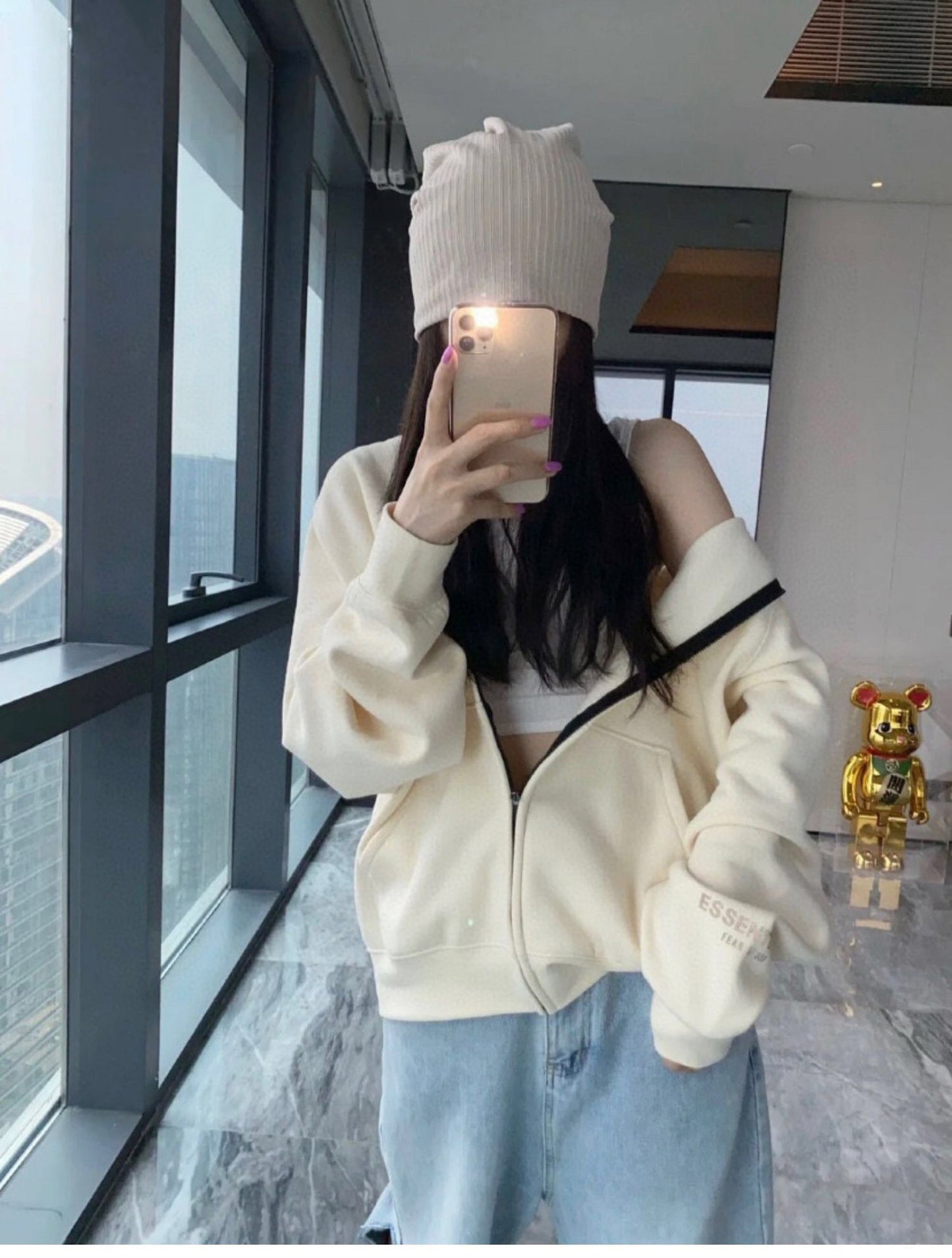 ESS Silicone Letter Zipper Fleece-lined100% Cotton Hooded Sweater