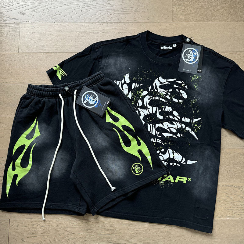 HS8008 Hellstar sets Heavy Industry Washed and WornShort-Sleeved T-shirt Sports Shorts Suit