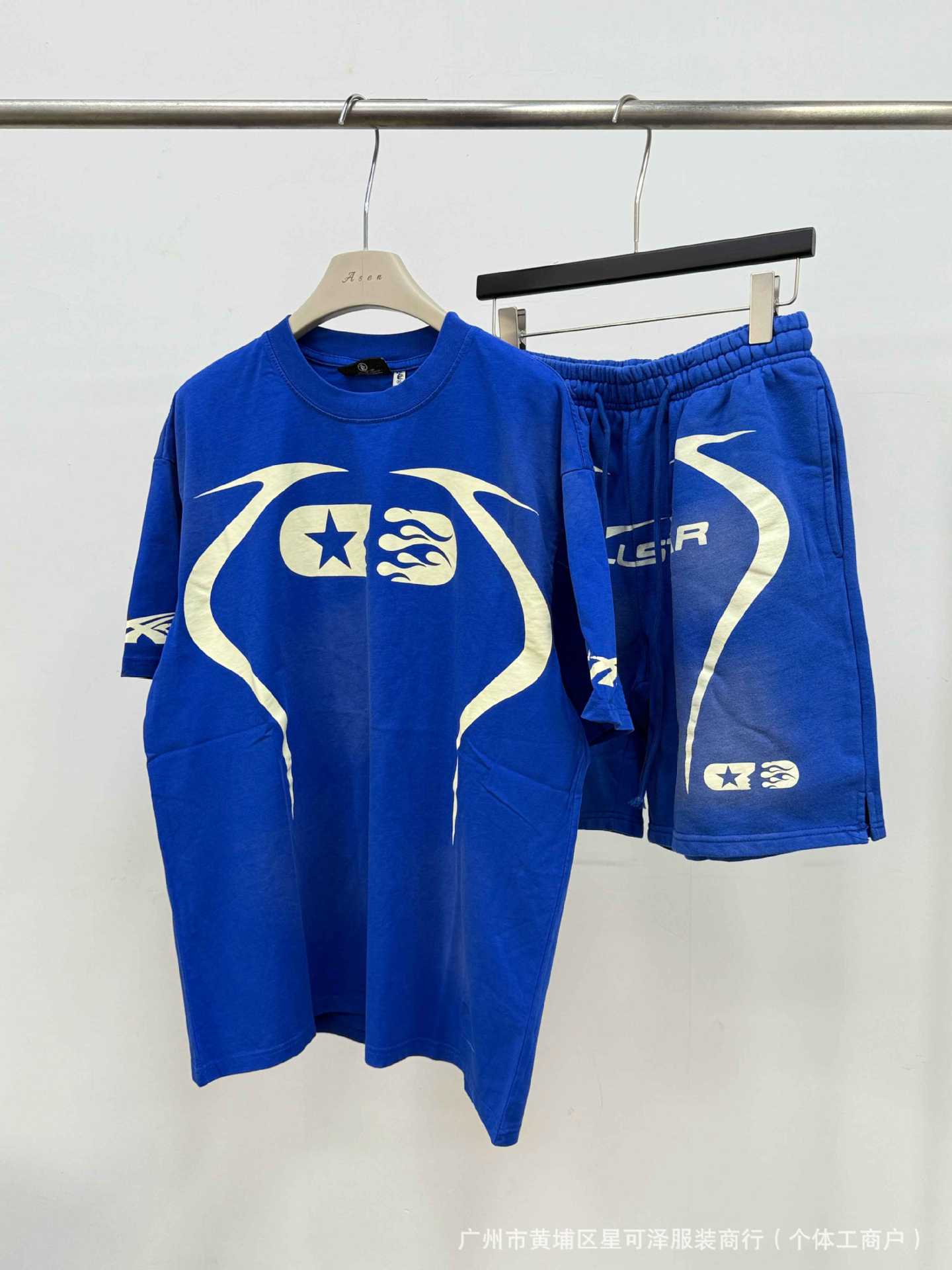 HS8008 Hellstar sets Heavy Industry Washed and WornShort-Sleeved T-shirt Sports Shorts Suit