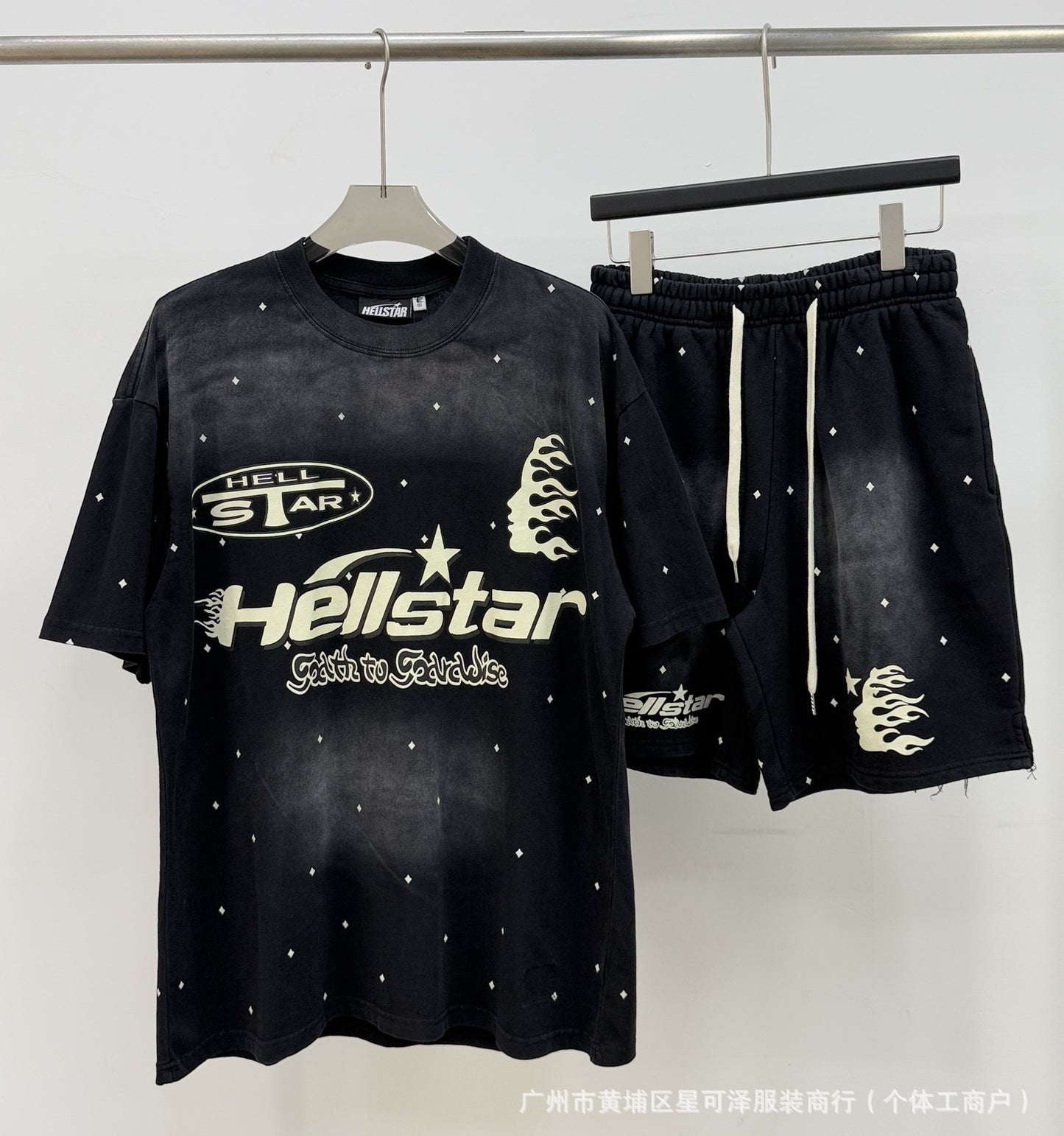 HS8008 Hellstar sets Heavy Industry Washed and WornShort-Sleeved T-shirt Sports Shorts Suit