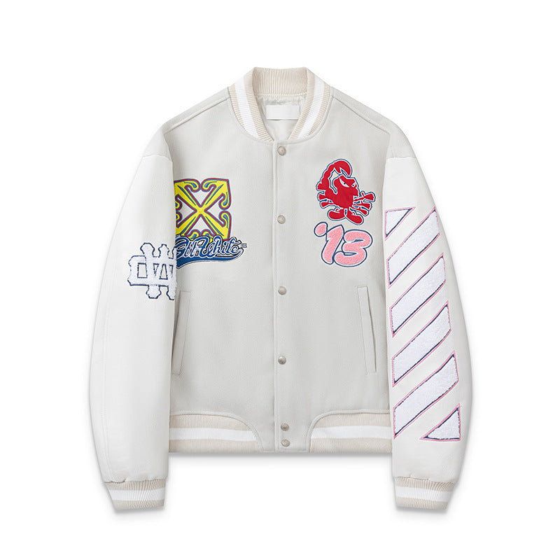 Off-White Patchwork Baseball Jacket Unisex Youth Street Fashion Jacket Coat