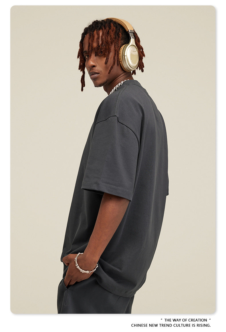 Be Men's 2024 Spring and Summer 305G Heavy T-shirt Men's American Cotton Fashion Brand Solid Color Short Sleeve Teen T-shirt