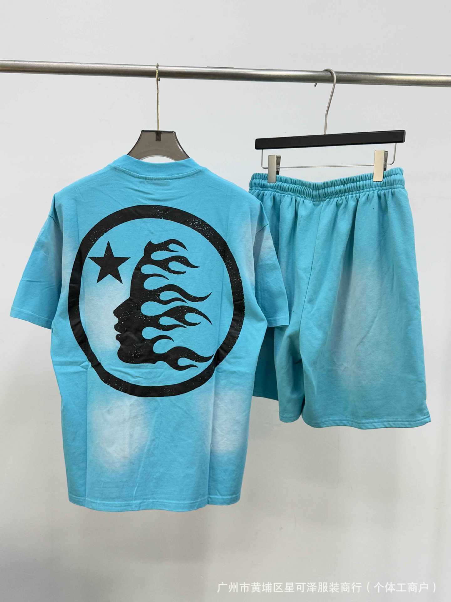 HS8008 Hellstar sets Heavy Industry Washed and WornShort-Sleeved T-shirt Sports Shorts Suit
