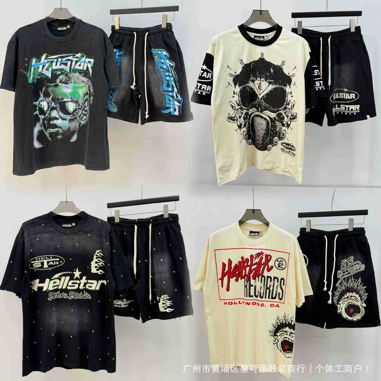 HS8008 Hellstar sets Heavy Industry Washed and WornShort-Sleeved T-shirt Sports Shorts Suit