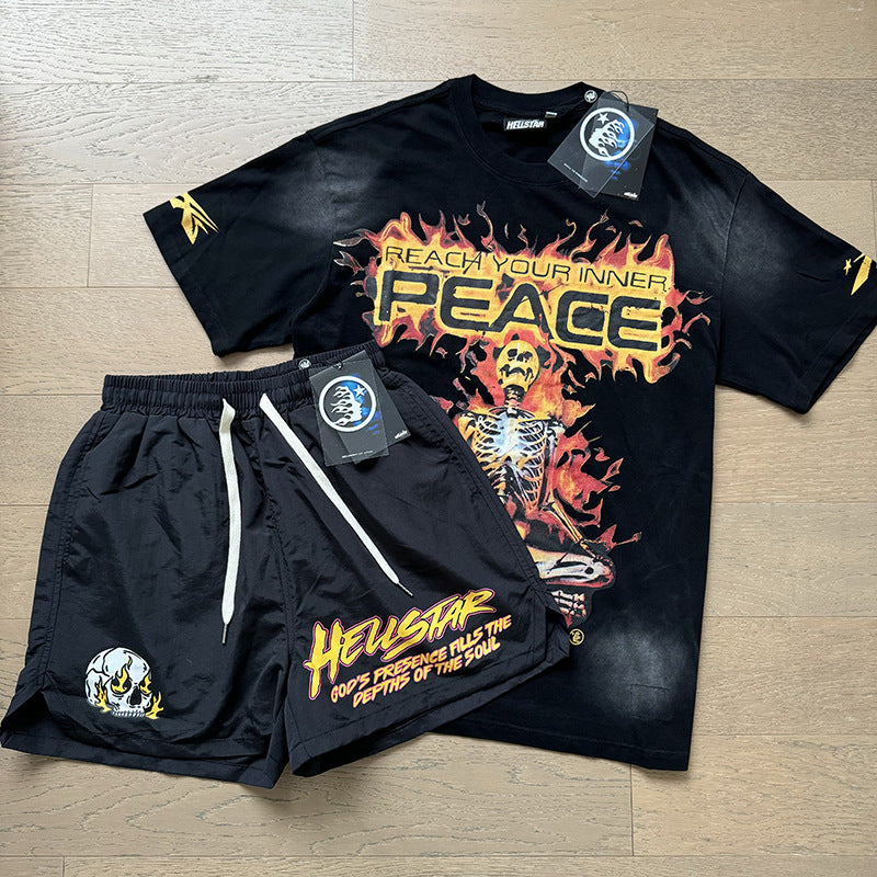 HS8008 Hellstar sets Heavy Industry Washed and WornShort-Sleeved T-shirt Sports Shorts Suit