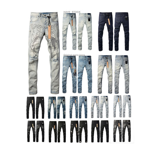 KSB901 Jeans straight-leg Ripped Stretch American High Street Casual Men's Jeans