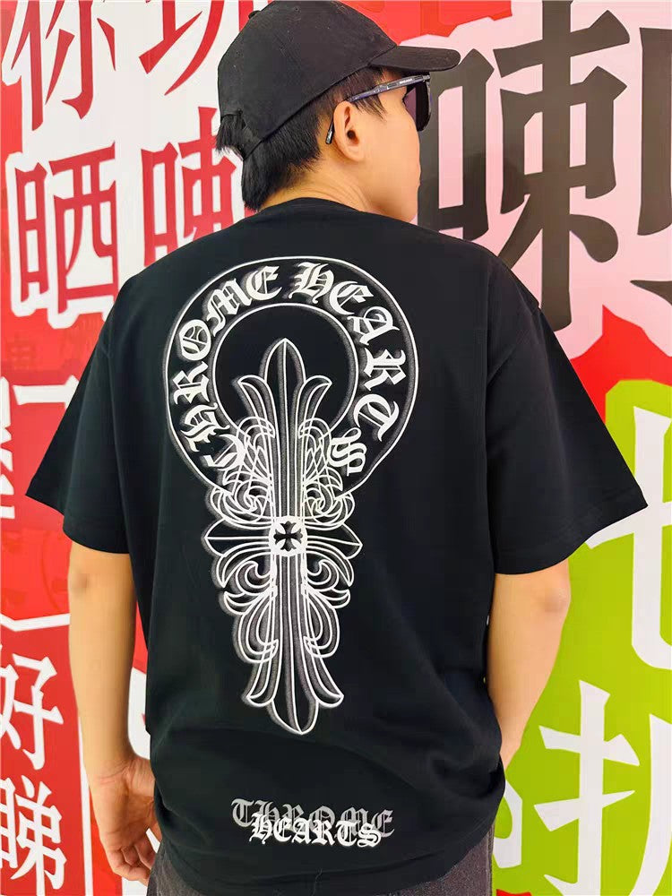 Chrome Hearts T-shirt Horseshoe Sanskrit Cross round Neck Short Sleeve