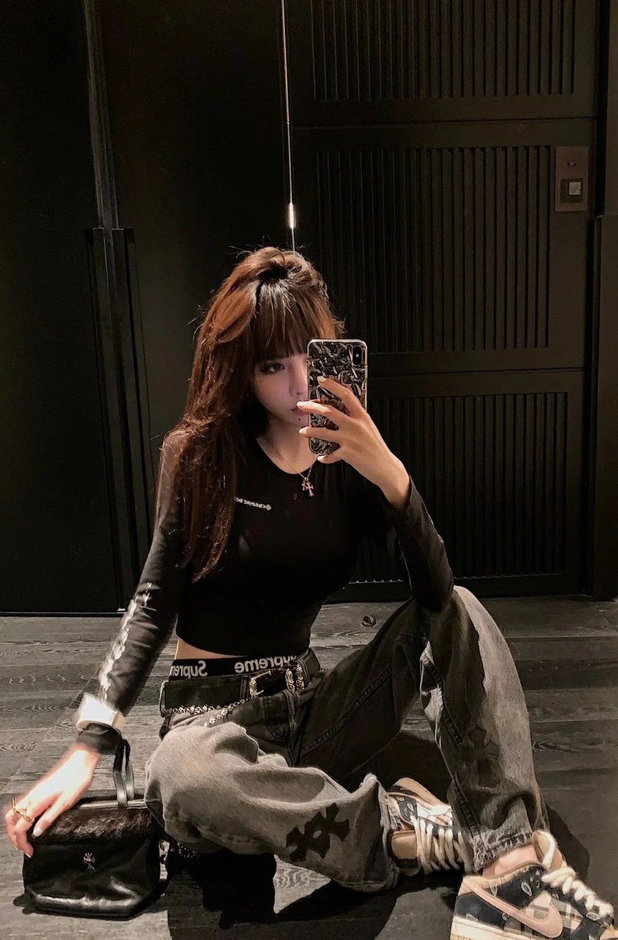 Chrome Hearts Jeans Color Leather Black Washed Jeans