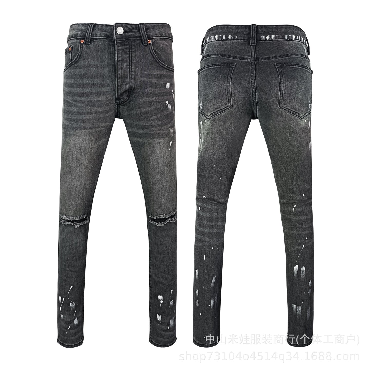 Pp6610 Purple Jeans American Style Hip Hop Ripped Splash-Ink Jeans