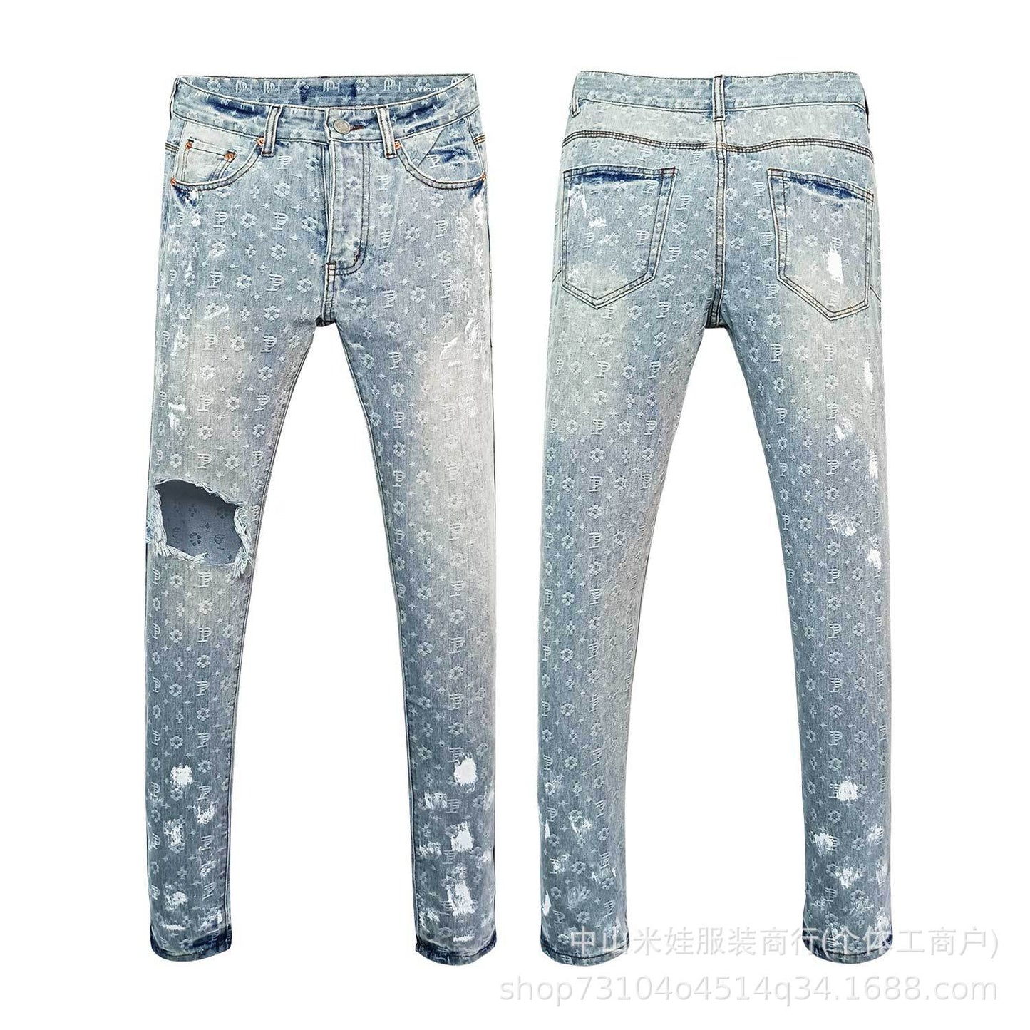 Pp6610 Purple Jeans American Style Hip Hop Ripped Splash-Ink Jeans