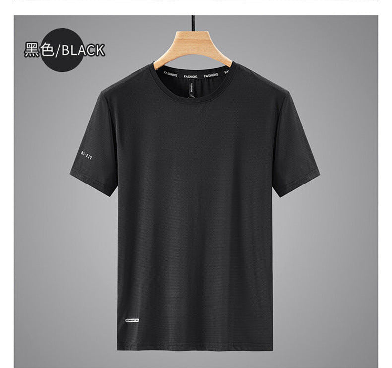 Round Neck Ice Silk Short Sleeve T Men's Summer Running Sports Casual Plus Size Shirt Stretch Breathable Regular Quick-Dry Top