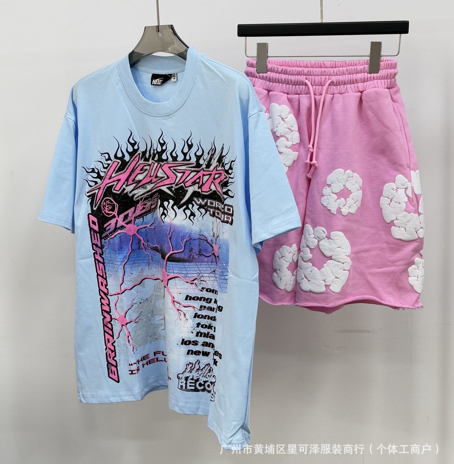 HS8008 Hellstar sets Heavy Industry Washed and WornShort-Sleeved T-shirt Sports Shorts Suit