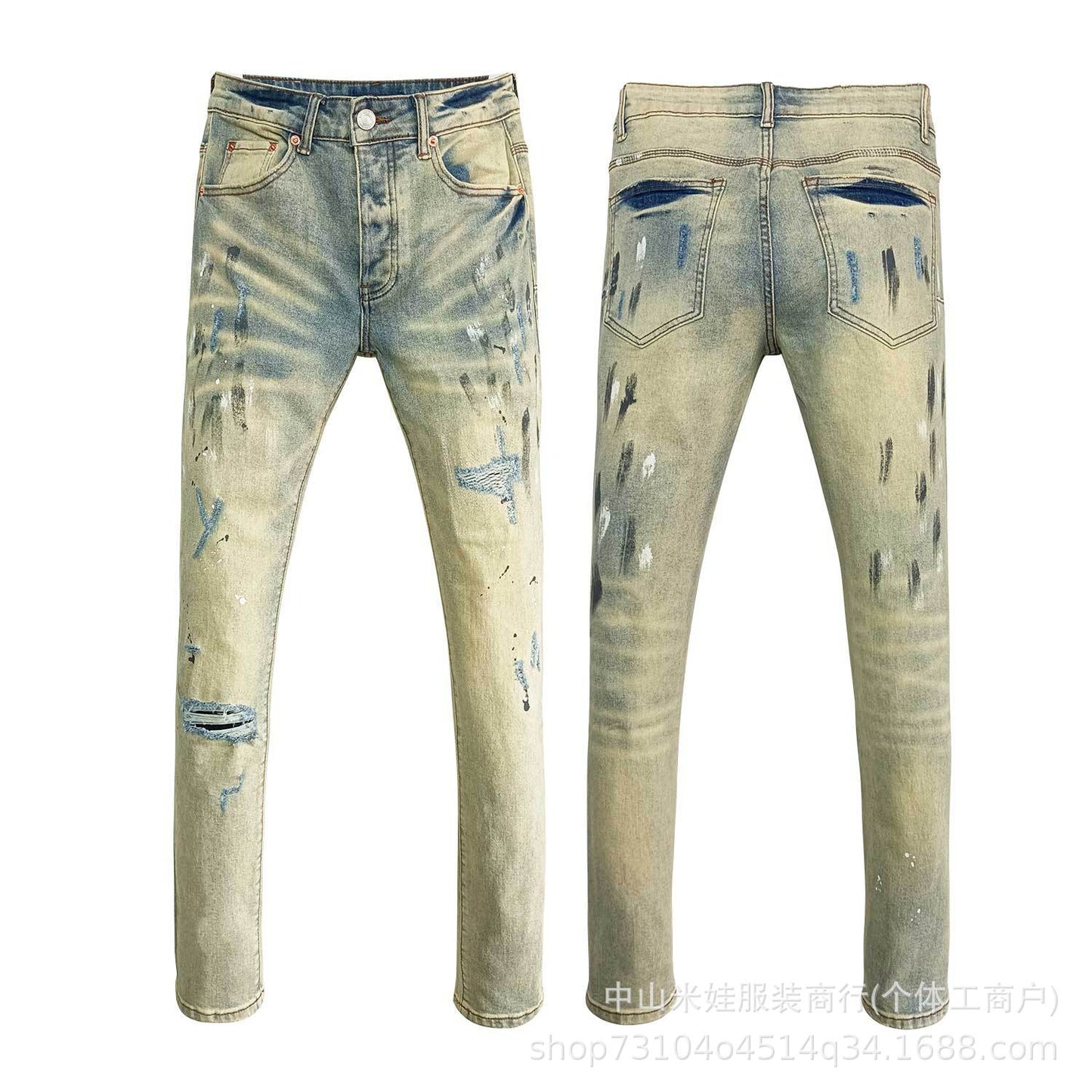 Pp6610 Purple Jeans American Style Hip Hop Ripped Splash-Ink Jeans