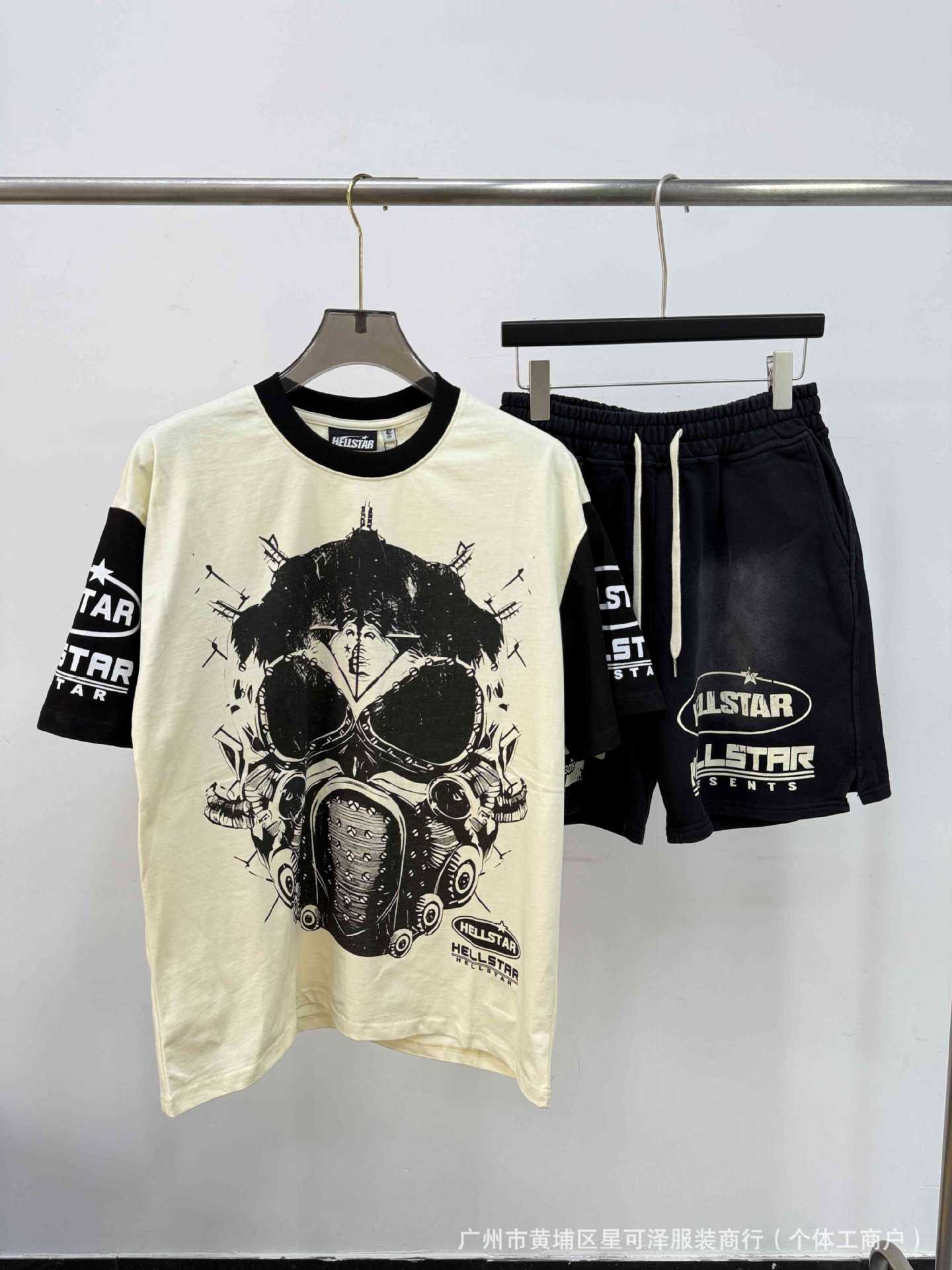 HS8008 Hellstar sets Heavy Industry Washed and WornShort-Sleeved T-shirt Sports Shorts Suit