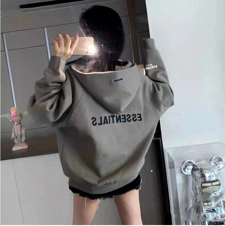 ESS Silicone Letter Zipper Fleece-lined100% Cotton Hooded Sweater